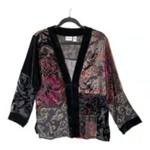 Chico's Silk-Blend/Velvet Sheer Kimono Jacket in Black/Multi-Color Size O/Small